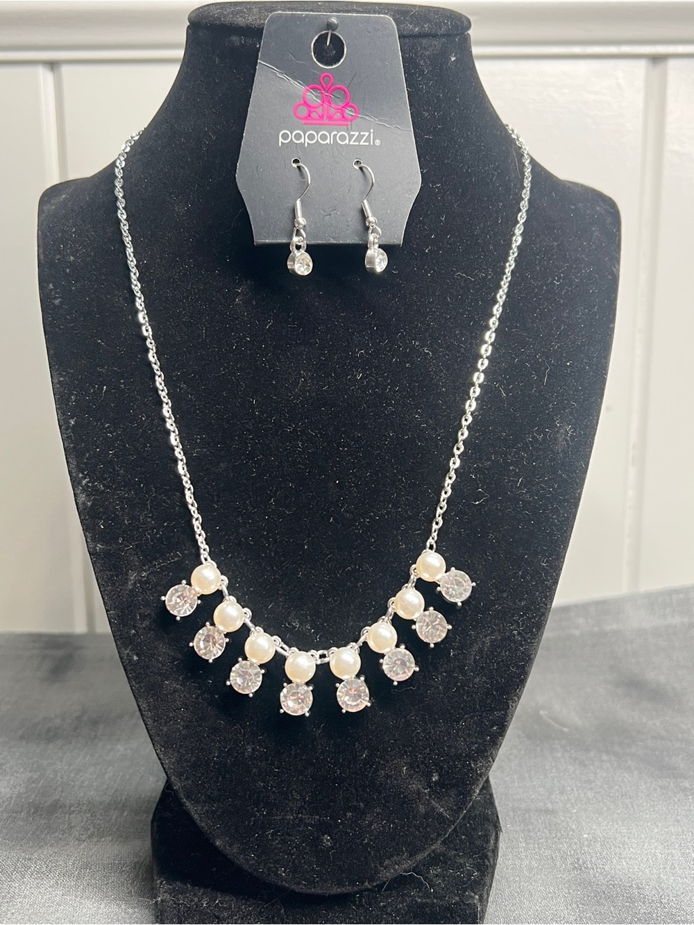 Paparazzi Silver Pearl and Clear Crystal Drop Necklace and Earring Set